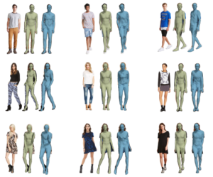 Figure 9: Qualitative results on fashion images [9]SMPL [8] results are shown in green, CAPE results are in blue