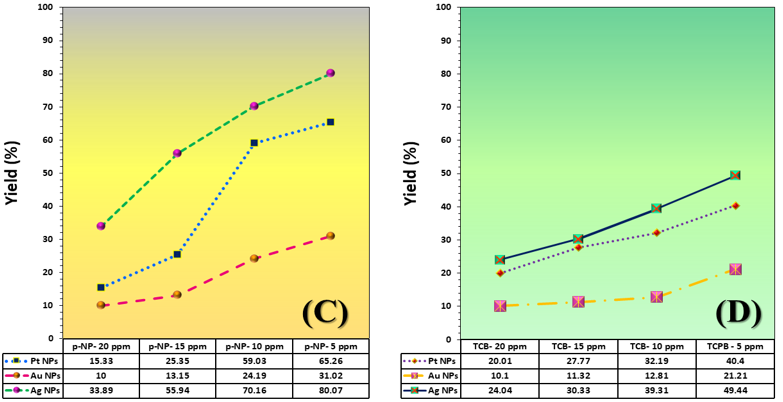 Figure 5. Yield variation curves of photoreduction reactions on the surface of nanocatalysts (Pt NPs, Au NPs and Ag NPs) fabricated for contaminants (A) MB, (B) Rh B, (C) p-NP and (D) TCB