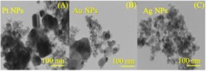 Figure .4 TEM images of (A) Pt NPs, (B) Au NPs and (C) Ag NPs at 100 nm