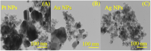 Figure .4 TEM images of (A) Pt NPs, (B) Au NPs and (C) Ag NPs at 100 nm